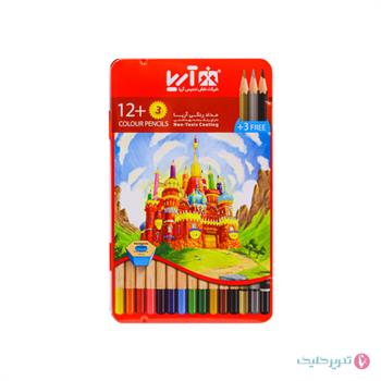 مداد رنگی 12+3 رنگ جعبه فلزی تخت آریا