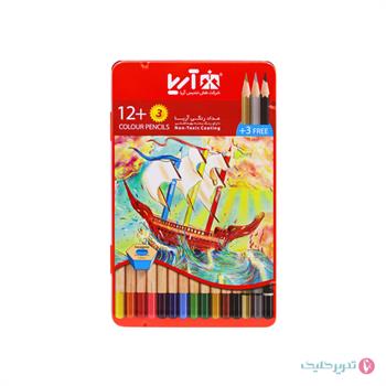 مداد رنگی 12+3 رنگ جعبه فلزی تخت آریا