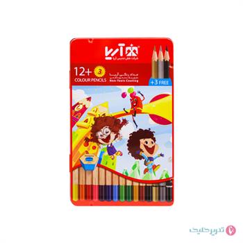 مداد رنگی 12+3 رنگ جعبه فلزی تخت آریا