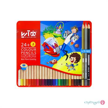 مداد رنگی 24+3 رنگ جعبه فلزی تخت آریا