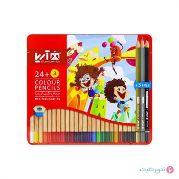 مداد رنگی 24+3 رنگ جعبه فلزی تخت آریا