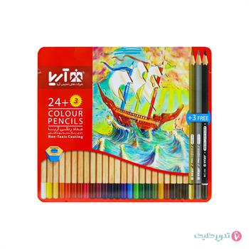 مداد رنگی 24+3 رنگ جعبه فلزی تخت آریا