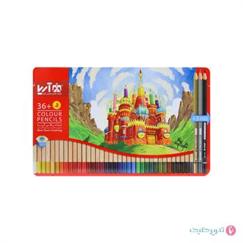 مداد رنگی 36+3 رنگ جعبه فلزی تخت آریا